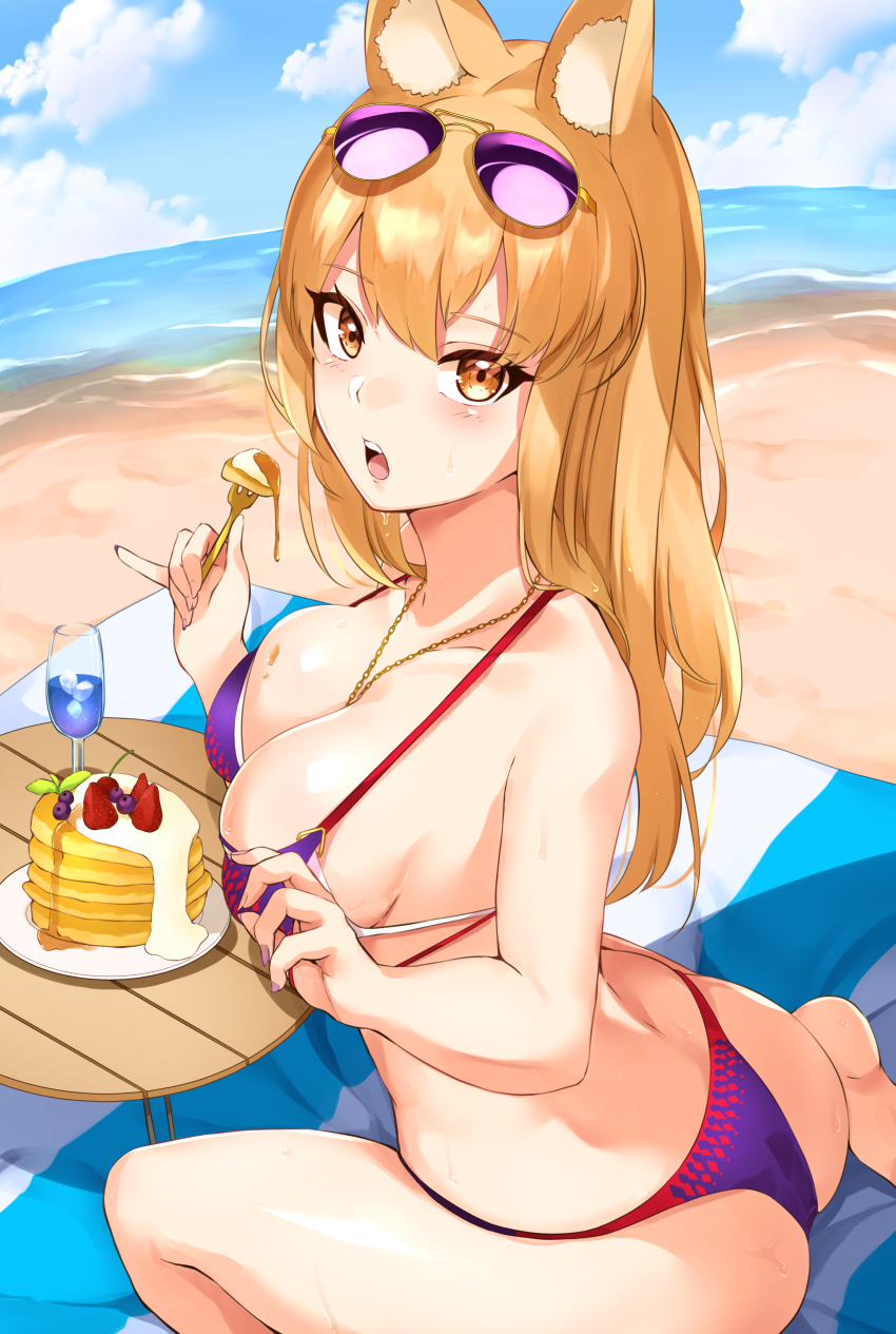 1girl, :o, absurdres, animal_ears, ass, back, bare_arms, bare_legs, bare_shoulders, barefoot, beach, beach_towel, blue_sky, blueberry, blush, breasts, cleavage, cloud, collarbone, cup, day, dimples_of_venus, drink, drinking_glass, eyewear_on_head, fate/grand_order, fate_(series), food, fork, fox_ears, fox_girl, from_behind, fruit, haneramu, highres, holding, holding_fork, ice, ice_cube, large_breasts, long_hair, looking_at_viewer, looking_back, ocean, open_mouth, orange_eyes, orange_hair, outdoors, pancake, purple-tinted_eyewear, rimless_eyewear, sitting, sky, solo, strawberry, sunglasses, suzuka_gozen_(fate), suzuka_gozen_(heavenly_demon_princess)_(fate), table, tinted_eyewear, towel, wariza, water, wooden_table
