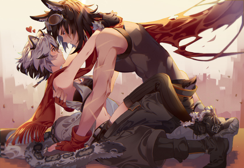 1boy, 1girl, animal_ear_fluff, animal_ears, arknights, arm_support, arms_around_neck, asymmetrical_legwear