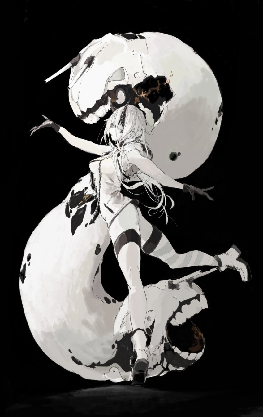 1girl, abyssal_ship, asymmetrical_horns, black_background, black_gloves, boots, dancing, diagonal-striped_legwear