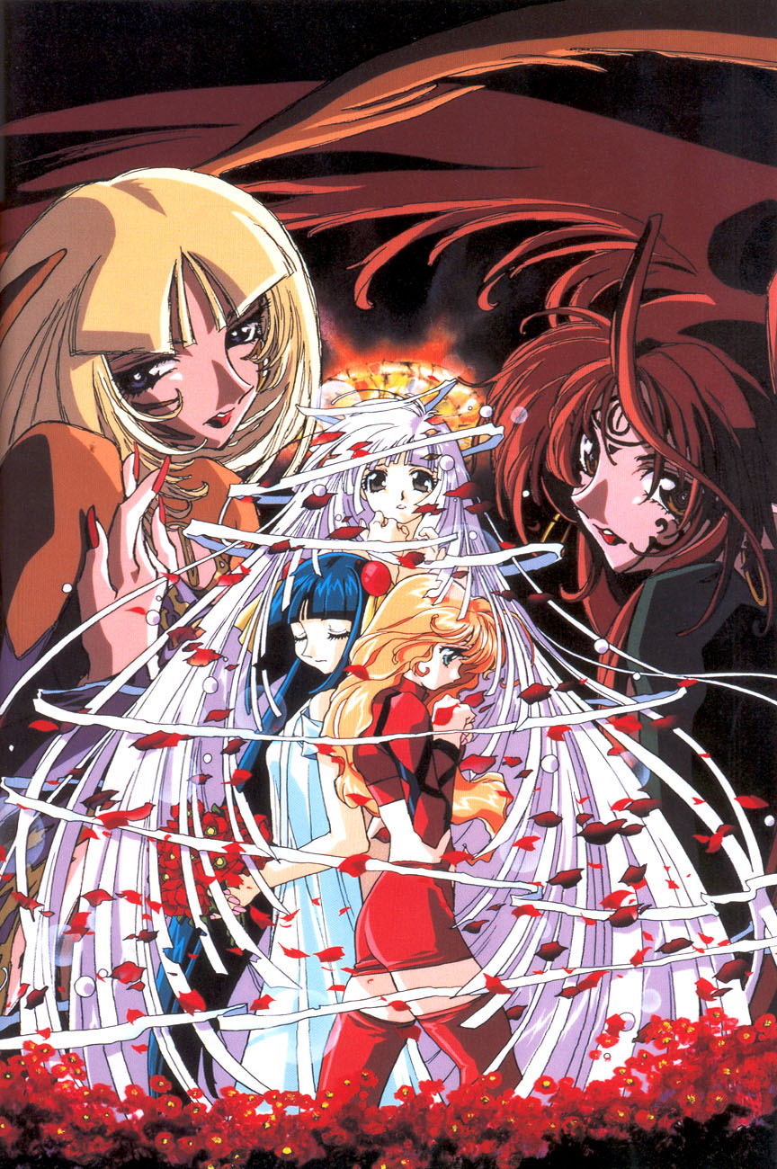 1990s_(style), 5girls, ahoge, blonde_hair, blue_eyes, blue_hair, blunt_bangs, bouquet