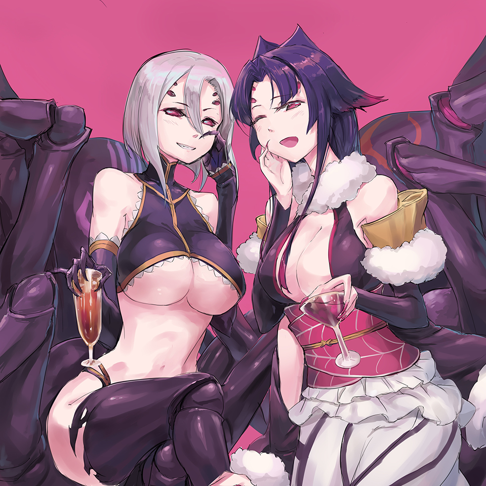 2girls, ;d, arachne, arahnia_taranterra_arachnida, arthropod_girl, arthropod_limbs, bare_shoulders, black_hair, breasts, carapace, cleavage, commentary_request, crossover, cup, detached_sleeves, drink, elbow_gloves, extra_eyes, extra_legs, gloves, grin, hair_between_eyes, hand_on_own_face, holding, holding_cup, insect_girl, large_breasts, long_hair, monster_girl, monster_musume_no_iru_nichijou, monster_musume_no_oisha-san, multiple_girls, one_eye_closed, open_mouth, pd_(seripanda), rachnera_arachnera, red_background, red_eyes, short_hair, silver_hair, simple_background, smile, spider_girl, taur, trait_connection, underboob