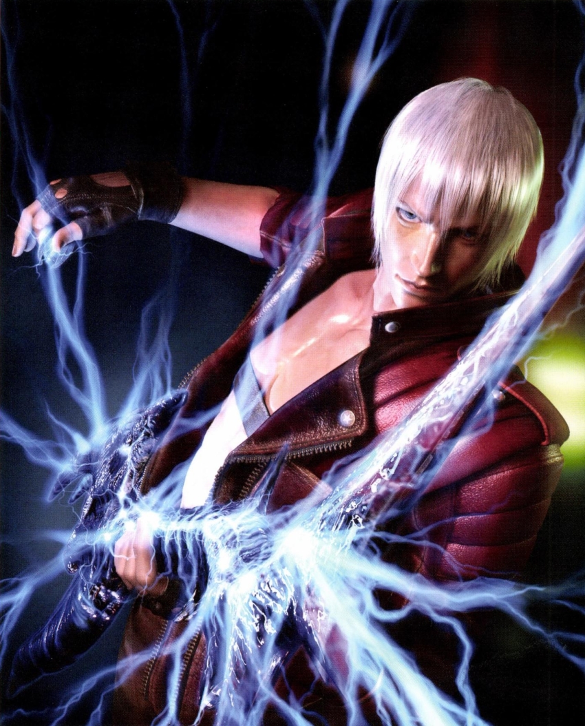 1boy, blue_eyes, coat, dante_(devil_may_cry), devil_may_cry, devil_may_cry_(series), devil_may_cry_3, electric_guitar