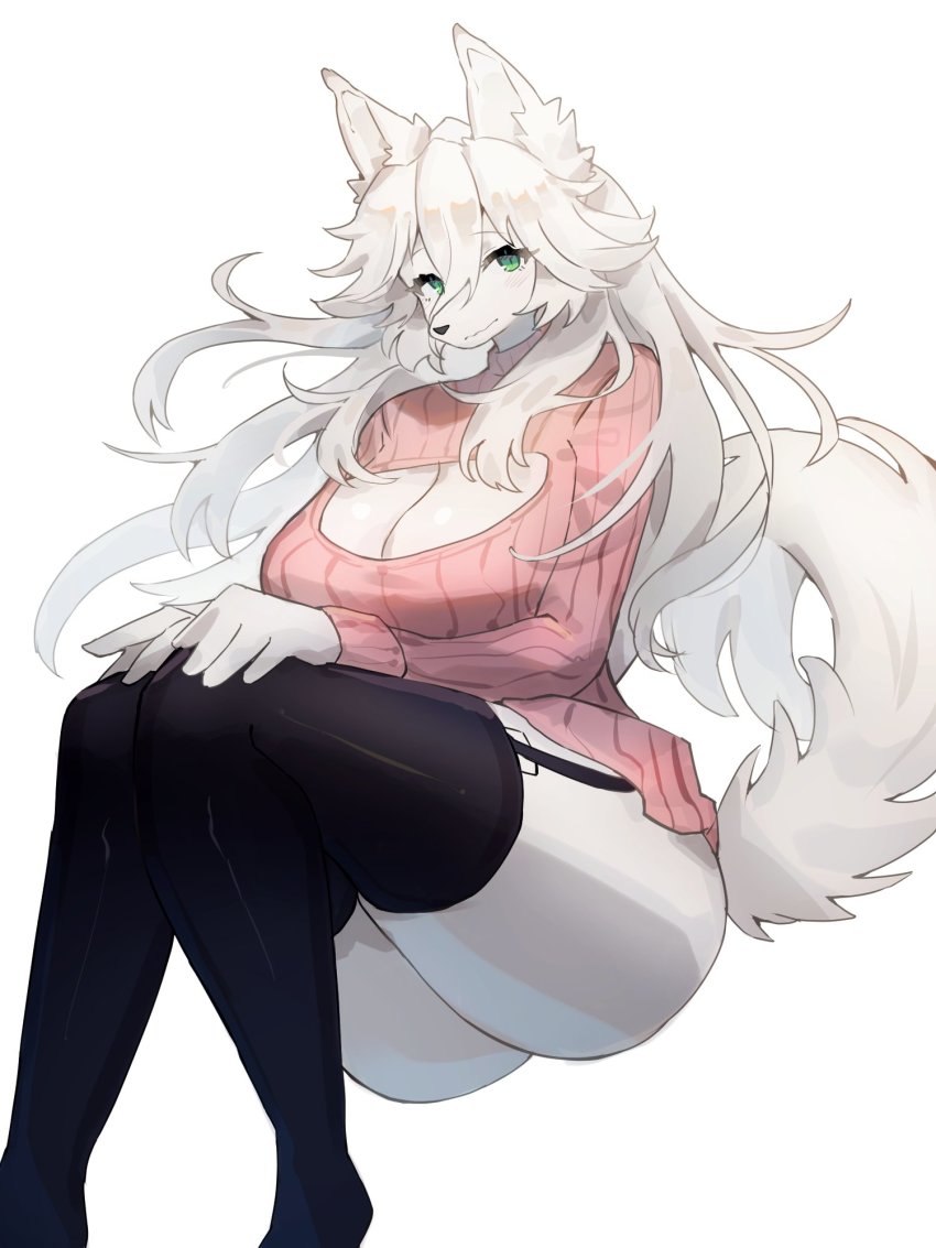 1girl, animal_ears, animal_nose, baburusushi, black_thighhighs, blush, breasts, character_request, cleavage_cutout, closed_mouth, clothing_cutout, commentary_request, copyright_request, dog_ears, dog_girl, dog_tail, furry, furry_female, garter_straps, green_eyes, hair_between_eyes, highres, large_breasts, long_hair, looking_at_viewer, pink_sweater, ribbed_sweater, simple_background, snout, solo, sweater, tail, thighhighs, thighs, turtleneck, turtleneck_sweater, white_background