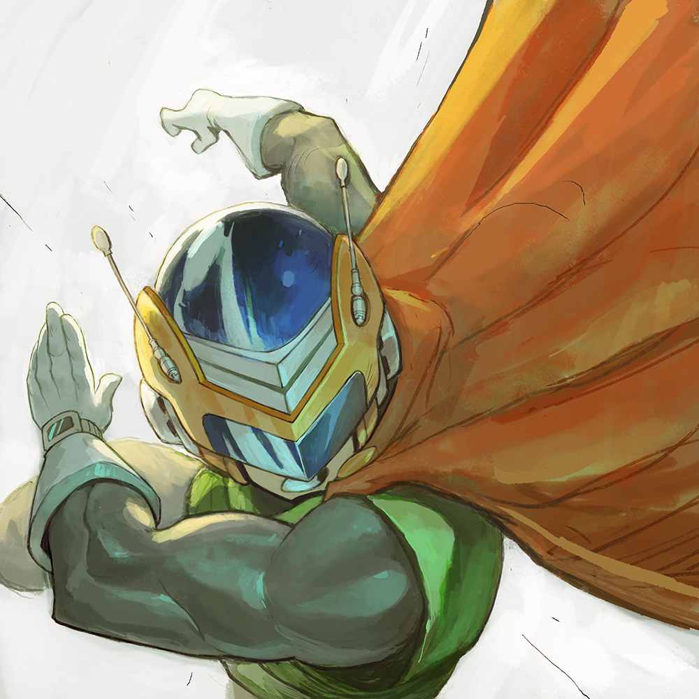 1boy, cape, clenched_teeth, dragon_ball, facing_viewer, garrett_hanna, gloves, great_saiyaman, helmet, male_focus, muscular, red_cape, solo, son_gohan, superhero_costume, teeth, transforming_watch, watch, white_gloves