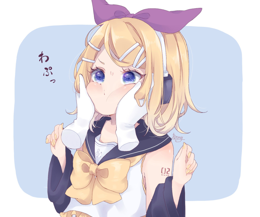 1girl, adapted_costume, aomidori_(em_em37), arm_tattoo, bare_shoulders, blonde_hair, blue_eyes, bow, bowtie, cheek_squash, detached_collar, disembodied_hand, eyelashes, frills, hair_ornament, hair_ribbon, hairclip, hand_in_own_hair, hands_on_another's_cheeks, hands_on_another's_face, headphones, highres, kagamine_rin, looking_away, nail_polish, purple_ribbon, ribbon, sailor_collar, short_hair, swept_bangs, tattoo, treble_clef, upper_body, vocaloid, w_arms, yellow_bow, yellow_nails, yellow_neckwear