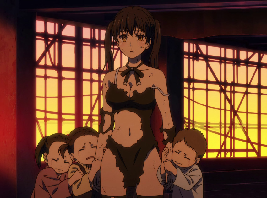 1boy, 3girls, anime_screenshot, black_hair, blush, breasts, burnt_clothes, cleavage