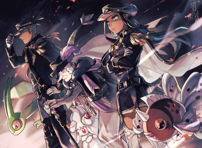 1boy, 2girls, alcremie, alternate_costume, black_background, black_cape, black_hair, black_headwear