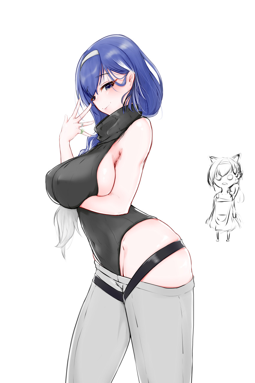 2girls, absurdres, alternate_costume, bad_id, bad_pixiv_id, black_sweater, blue_eyes, blue_hair, blush, braid, breasts, closed_mouth, clothing_cutout, covered_navel, crossed_arms, dp-12_(girls'_frontline), girls'_frontline, hairband, hand_up, heattech_leotard, highres, hip_vent, jewelry, ksvk_(angel's_paint_brush)_(girls'_frontline), ksvk_(girls'_frontline), large_breasts, long_hair, looking_at_viewer, mother_and_child, mother_and_daughter, multiple_girls, parent_and_child, ring, saett, smile, sweater, thigh_strap, thighs, turtleneck, white_background