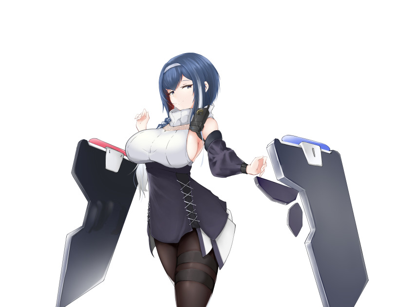 1girl, absurdres, bad_id, bad_pixiv_id, black_pantyhose, blue_eyes, blue_hair, bracer