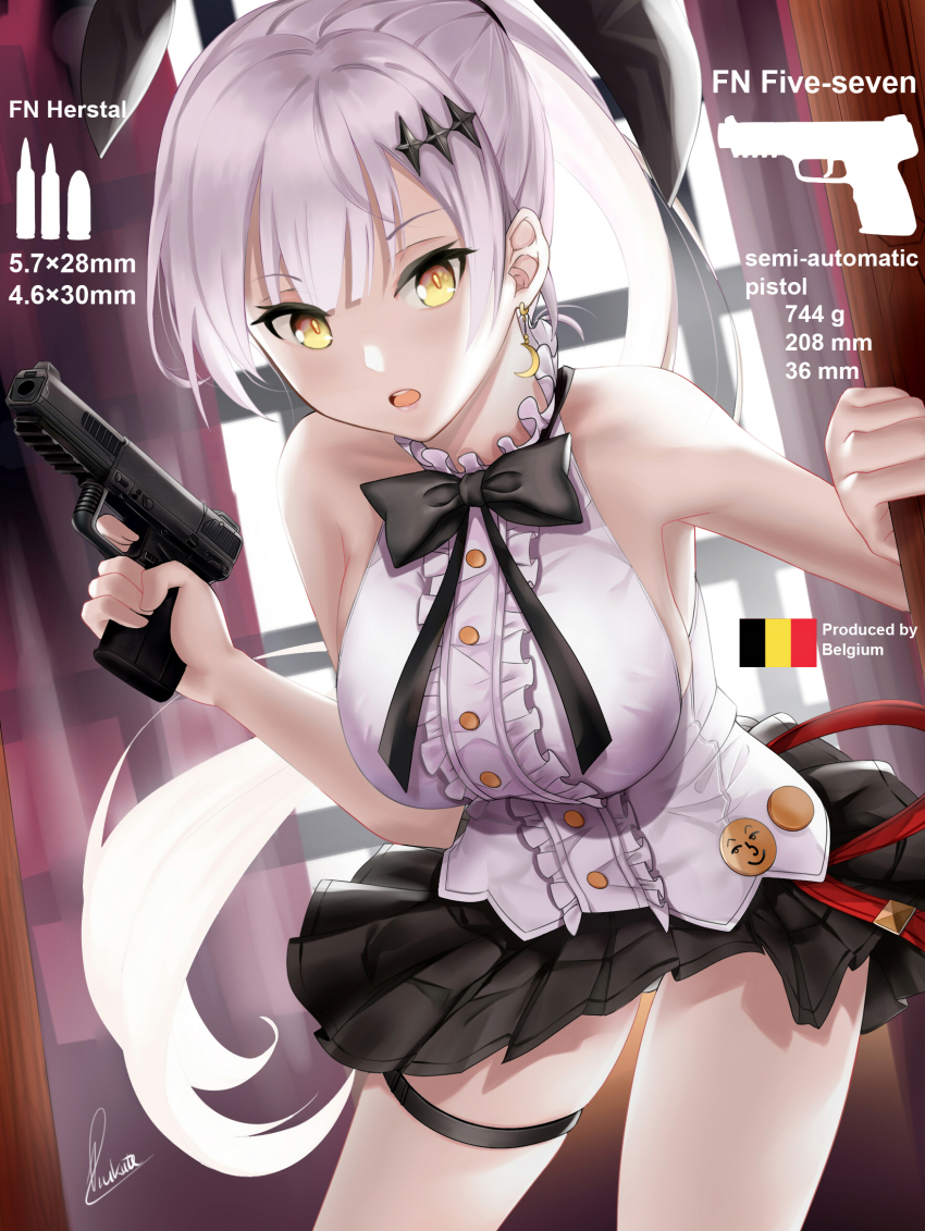1girl, 9x19mm_parabellum, ammunition, animal_ears, armor-piercing_ammunition, artist_name, bare_shoulders, belgian_flag, black_bow, black_bowtie, black_skirt, bow, bowtie, breasts, bullet, crescent, crescent_earrings, earrings, english_text, five-seven_(girls'_frontline), fn_5.7x28mm, fn_five-seven, fn_herstal, girls'_frontline, gun, hair_ornament, hair_ribbon, hairclip, handgun, handgun_cartridge, heckler_&amp;_koch, highres, hk_4.6x30mm, holding, holding_gun, holding_weapon, jewelry, long_hair, looking_at_viewer, medium_breasts, military_cartridge, open_mouth, pdw-caliber_pistol, pdw_cartridge, pistol, pistol_cartridge, piukute062, rabbit_ears, ribbon, shirt, silver_hair, simple_background, skirt, solo, weapon, white_shirt, yellow_eyes