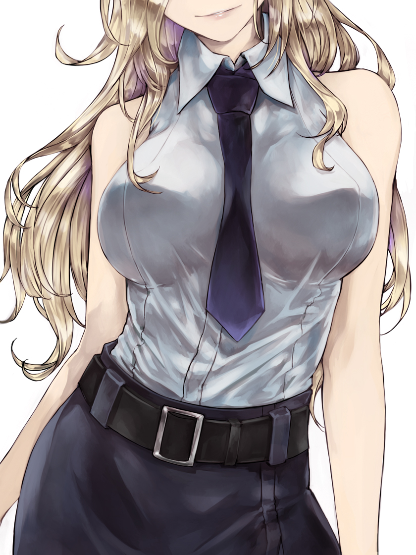 1girl, belt, black_belt, black_skirt, blonde_hair, blue_necktie, breast_focus, breasts, head_out_of_frame, hornet_(kancolle), kantai_collection, kurou_(bcrow), large_breasts, lips, long_hair, necktie, parted_lips, pencil_skirt, shirt, simple_background, skirt, sleeveless, sleeveless_shirt, solo, white_background, white_shirt