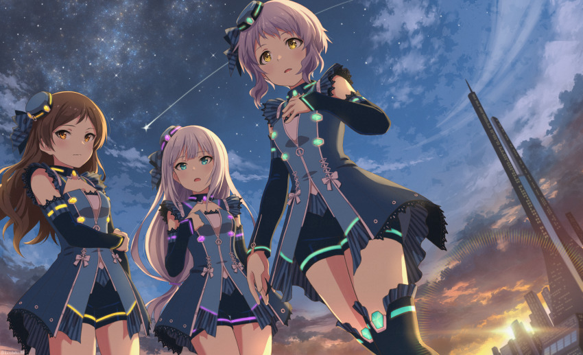 3girls, absurdres, arm_at_side, backlighting, black_shorts, black_sleeves, blue_bow, blue_dress