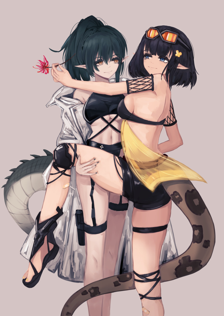2girls, absurdres, alternate_hairstyle, arknights, bandeau, black_hair, black_shorts, blue_eyes