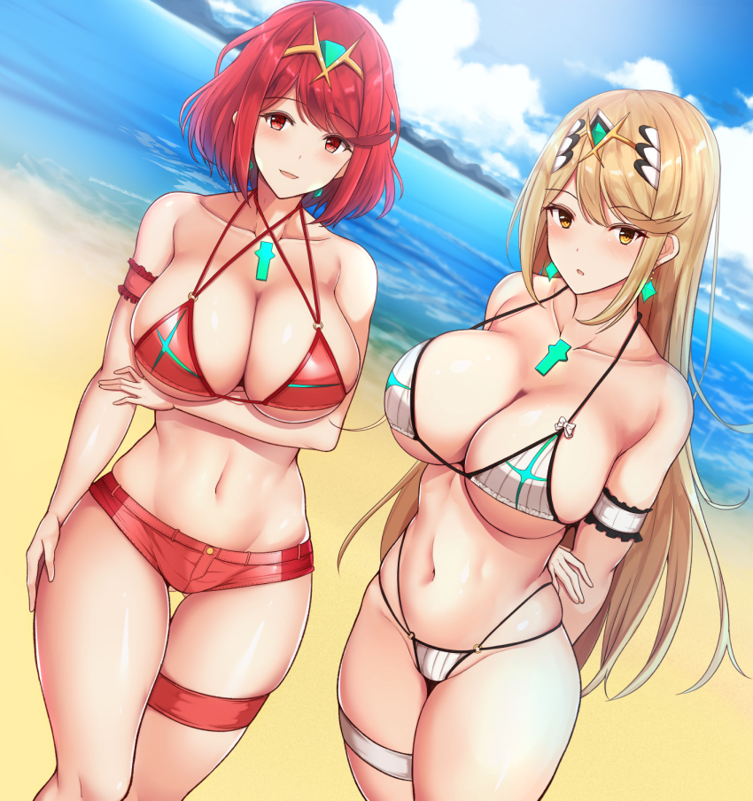 2girls, arm_garter, arms_behind_back, bare_shoulders, beach, bikini, blonde_hair, blue_sky, blush, breasts, chest_jewel, cleavage, collarbone, day, earrings, highres, jewelry, large_breasts, long_hair, looking_at_viewer, micro_shorts, multiple_girls, mythra_(xenoblade), navel, nintendo, noeomi, ocean, open_mouth, outdoors, pyra_(xenoblade), red_bikini, red_eyes, red_hair, sand, shore, short_hair, shorts, sky, smile, swept_bangs, swimsuit, thigh_strap, thighs, tiara, white_bikini, xenoblade_chronicles_(series), xenoblade_chronicles_2, yellow_eyes