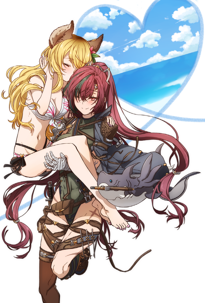 2girls, adjusting_hair, animal_ears, bandages, barefoot, belt, bikini, blonde_hair