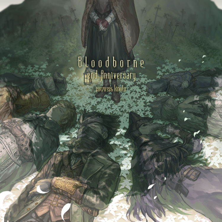 2girls, 6+boys, alfred_(bloodborne), anniversary, artist_name, black_cloak, black_coat, black_gloves, black_headwear, black_skirt, blonde_hair, bloodborne, brown_cloak, brown_footwear, brown_vest, cape, capelet, cloak, closed_mouth, coat, commentary_request, copyright_name, dated, djura_(bloodborne), eileen_the_crow, closed_eyes, facial_hair, facing_away, falling_petals, father_gascoigne, field, flower, flower_field, gauntlets, gloves, goatee, hat, helmet, henryk_(bloodborne), hunter_(bloodborne), kizdollark, lantern, long_coat, long_skirt, long_sleeves, lying, mask, mouth_mask, multiple_boys, multiple_girls, on_back, outdoors, own_hands_together, petals, plague_doctor_mask, plain_doll, pouch, red_gloves, shirt, short_hair, skirt, sleeping, standing, tricorne, upper_body, valtr_(bloodborne), vambraces, vest, white_flower, yellow_headwear