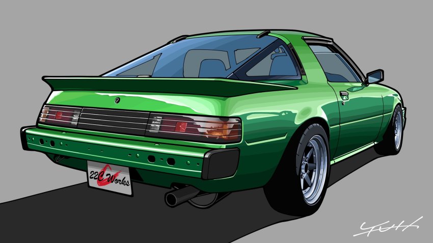 car, from_behind, grey_background, highres, license_plate, mazda, mazda_rx-7, mazda_rx-7_fb