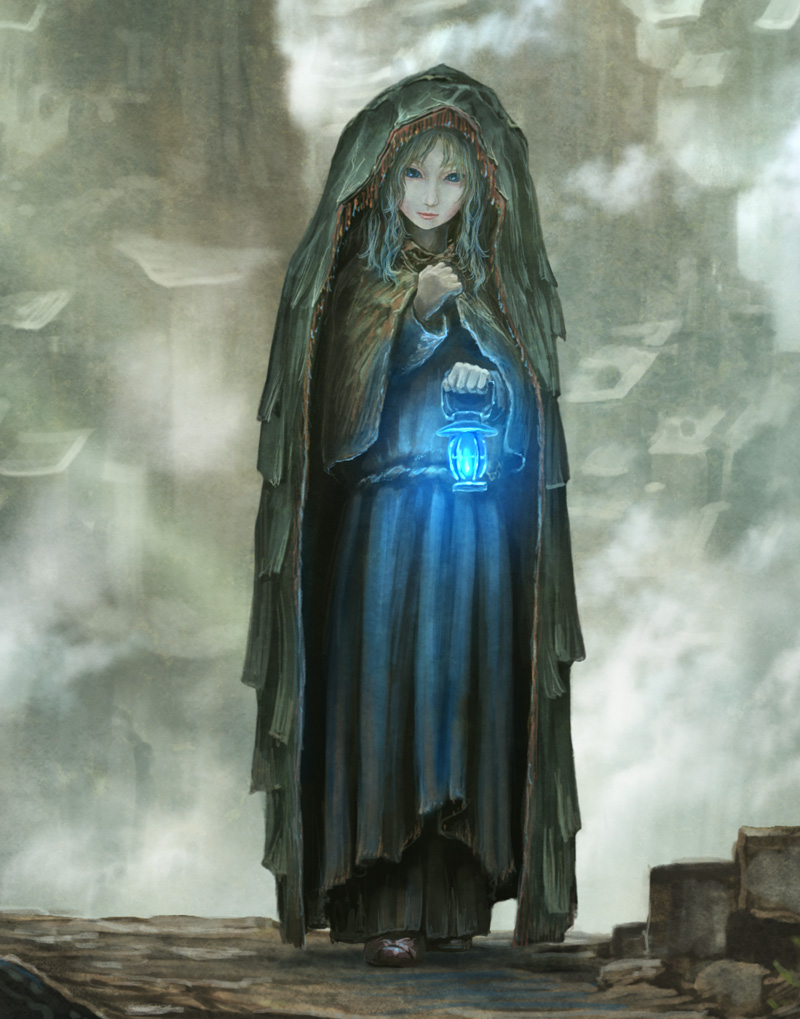 1girl, blue_eyes, blue_hair, cloak, female_focus, fog, lantern, matching_hair/eyes