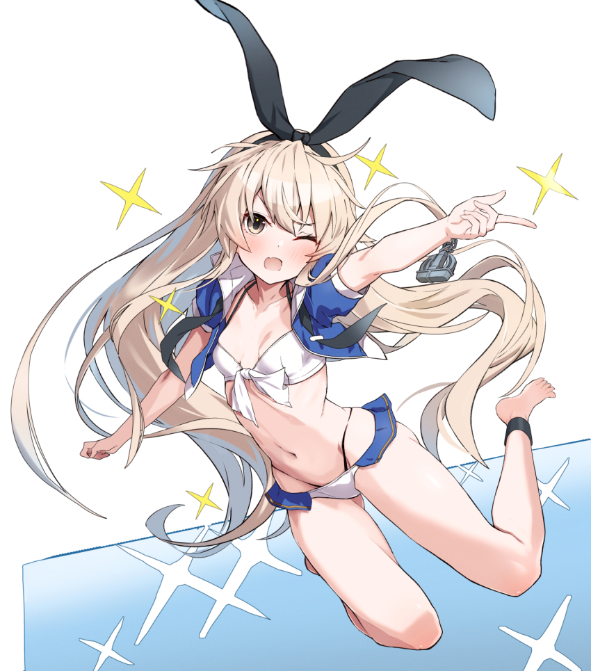 1girl, bare_legs, barefoot, bikini, black_panties, blonde_hair, blue_jacket, blush, breasts, collarbone, full_body, groin, hair_between_eyes, highleg, highleg_panties, highres, jacket, kantai_collection, long_hair, navel, one_eye_closed, open_clothes, open_jacket, open_mouth, panties, shimakaze_(kancolle), short_sleeves, small_breasts, solo, swimsuit, takanashi_kei_(hitsujikan), toes, underwear, white_bikini, yellow_eyes, yukikaze_(kancolle), yukikaze_(summer)_(kancolle)