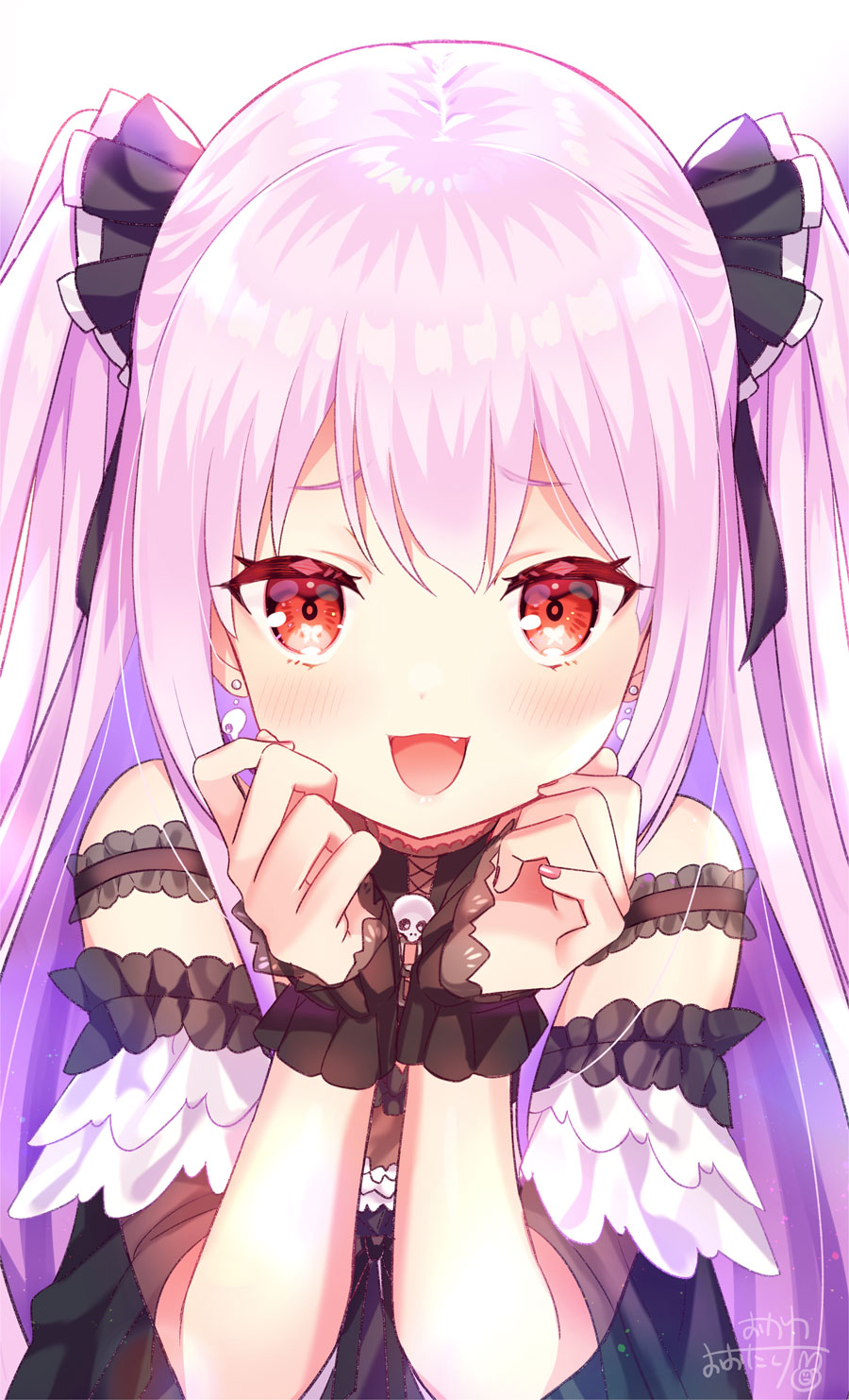1girl, :d, alternate_costume, bare_shoulders, black_dress, black_ribbon, blush, close-up