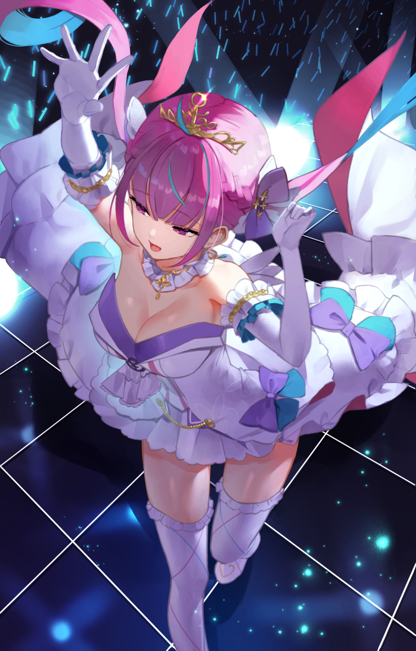 1girl, absurdres, ahoge, alternate_costume, aqua_hair, blue_ribbon, blunt_bangs, braid