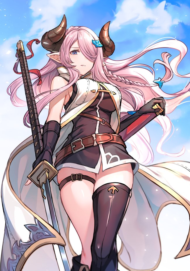 1girl, bare_shoulders, belt, belt_buckle, braid, breasts, buckle, cloud, day, feet_out_of_frame, gloves, granblue_fantasy, hair_between_eyes, holding, holding_weapon, horns, kingyo_114, large_breasts, long_hair, looking_at_viewer, narmaya_(granblue_fantasy), outdoors, pink_hair, pointy_ears, single_thighhigh, sky, solo, standing, thighhighs, weapon