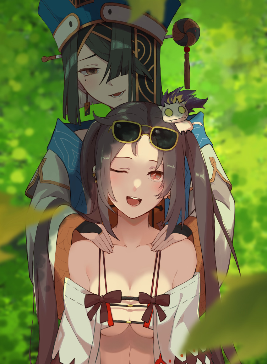 2girls, absurdres, bare_shoulders, black_gloves, black_hair, blue_headwear, blush, breasts