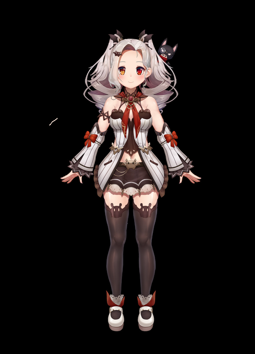 1girl, bare_shoulders, bat_(animal), bat_hair_ornament, bat_wings, belt, black_dress, blush, bow, breasts, brown_thighhighs, detached_sleeves, dress, drill_hair, fangs, gem, hair_ornament, heterochromia, highres, large_breasts, liliana_vampaia, long_hair, long_sleeves, looking_at_viewer, miniskirt, monocle, myholo_tv, navel, official_art, parted_bangs, red_bow, red_eyes, red_neckwear, red_ribbon, red_scarf, ribbon, scarf, silver_hair, skin_fangs, skirt, sleeveless, sleeveless_dress, smile, solo, straight-on, thighhighs, transparent_background, twin_drills, twintails, upper_body, vampire, virtual_youtuber, white_dress, white_footwear, wings, xfate, yellow_eyes, zettai_ryouiki