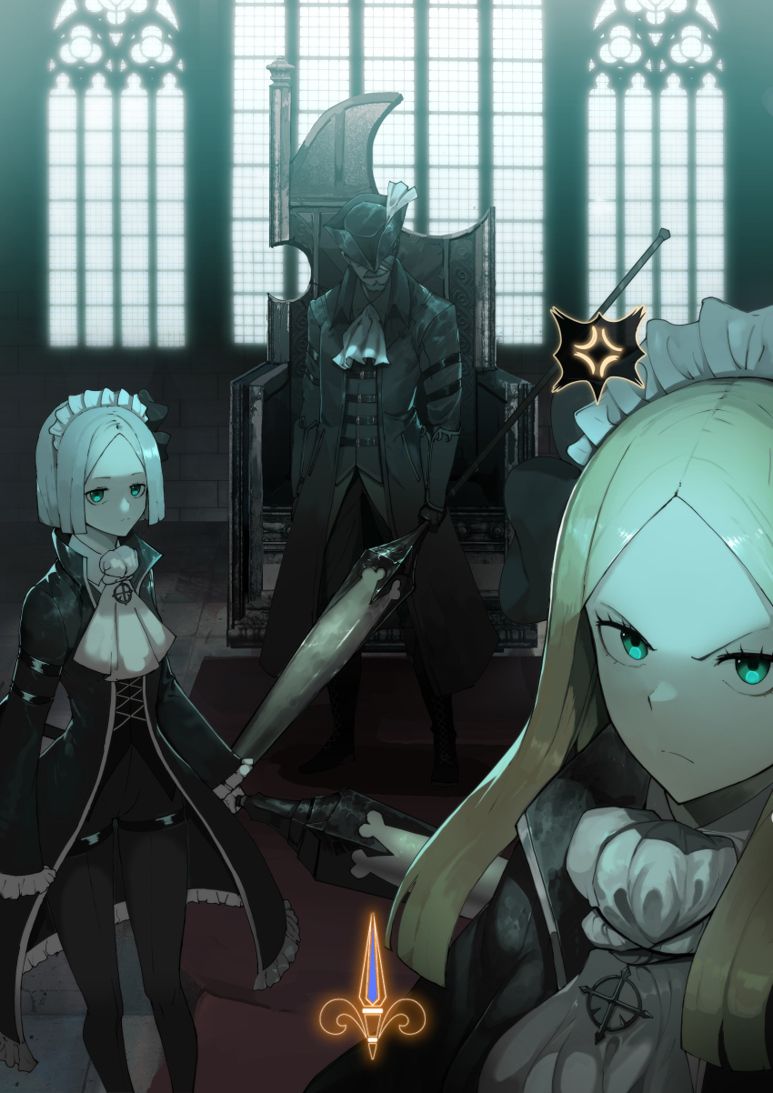 1boy, 2girls, absurdres, anger_vein, arm_garter, arms_at_sides, ascot, beard, black_coat, black_footwear, black_gloves, black_headwear, black_pants, blonde_hair, boots, brown_coat, coat, commentary, facial_hair, feet_out_of_frame, frilled_coat, frilled_sleeves, frills, full_body, gloves, green_eyes, grey_hair, hat, highres, holding, holding_polearm, holding_weapon, indoors, library_of_ruina, long_hair, long_sleeves, looking_at_viewer, maid_headdress, multiple_girls, mustache, open_clothes, open_coat, oscar_(project_moon), pamela_(project_moon), pameli_(project_moon), pants, parted_bangs, polearm, project_moon, ro_g_(oowack), short_hair, standing, throne, tricorne, v-shaped_eyebrows, weapon