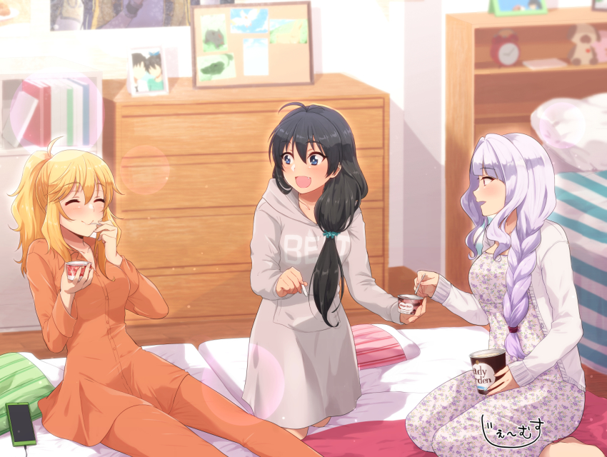 3girls, :d, ahoge, aqua_scrunchie, bedroom, black_hair, blonde_hair, blue_eyes