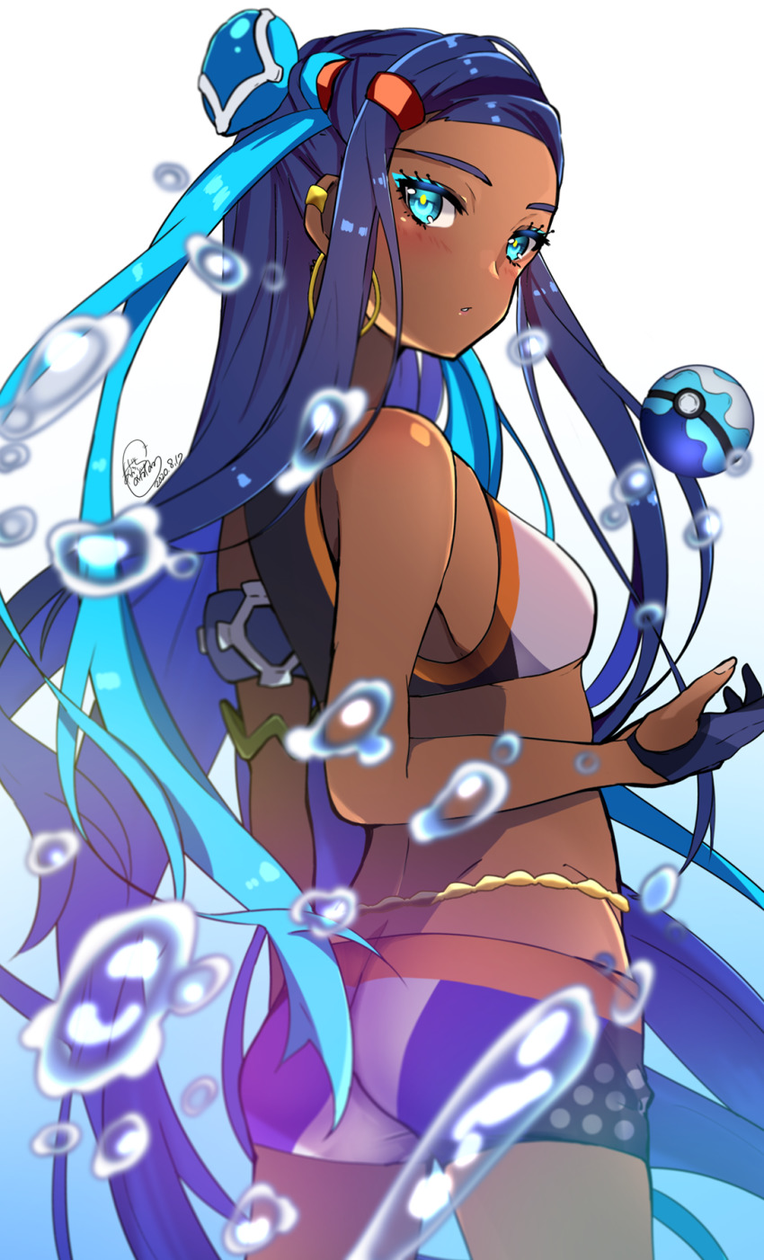 1girl, akabuchi_megane, ass, bikini, bikini_shorts, blue_eyes, blue_gloves, blue_hair, blurry, blurry_foreground, breasts, butt_crack, dark-skinned_female, dark_skin, dive_ball, earrings, floating_hair, from_behind, gloves, hair_bun, hair_ornament, highres, hoop_earrings, jewelry, long_hair, looking_at_viewer, multicolored_hair, nessa_(pokemon), nintendo, parted_lips, poke_ball, pokemon, pokemon_sword_and_shield, short_shorts, shorts, signature, single_hair_bun, small_breasts, solo, sports_bikini, swimsuit, two-tone_hair, very_long_hair, white_background