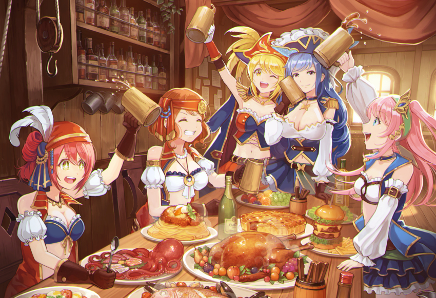 5girls, :d, ;d, alcohol, apple, arm_belt, arm_up, armlet