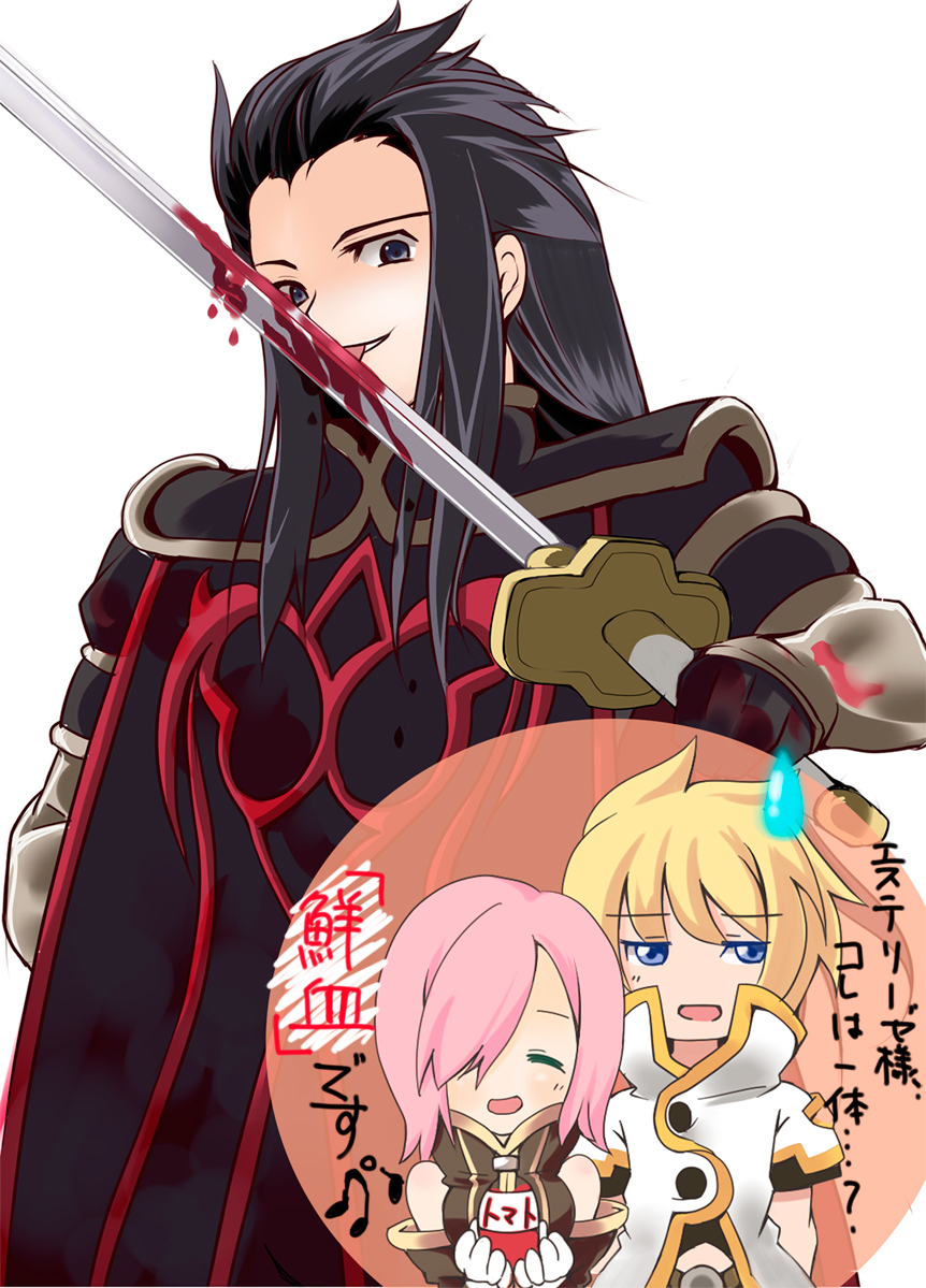 alternate_costume, asch_(cosplay), asch_(tales), black_hair, blonde_hair, blood, blood_on_clothes, bloody_weapon