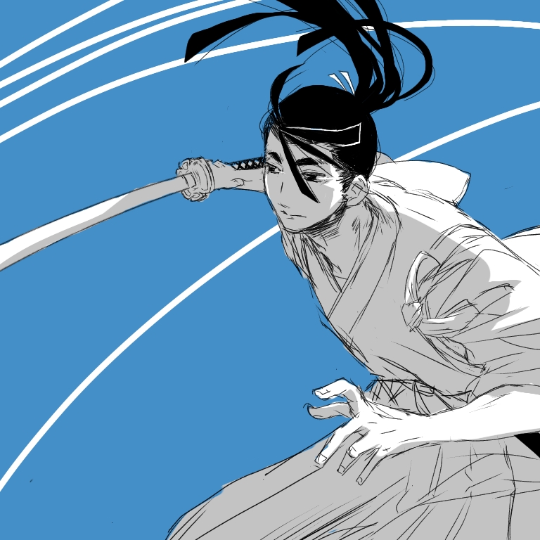 1boy, appare-ranman!, black_eyes, black_hair, blue_background, fighting_stance, hair_between_eyes, hakama