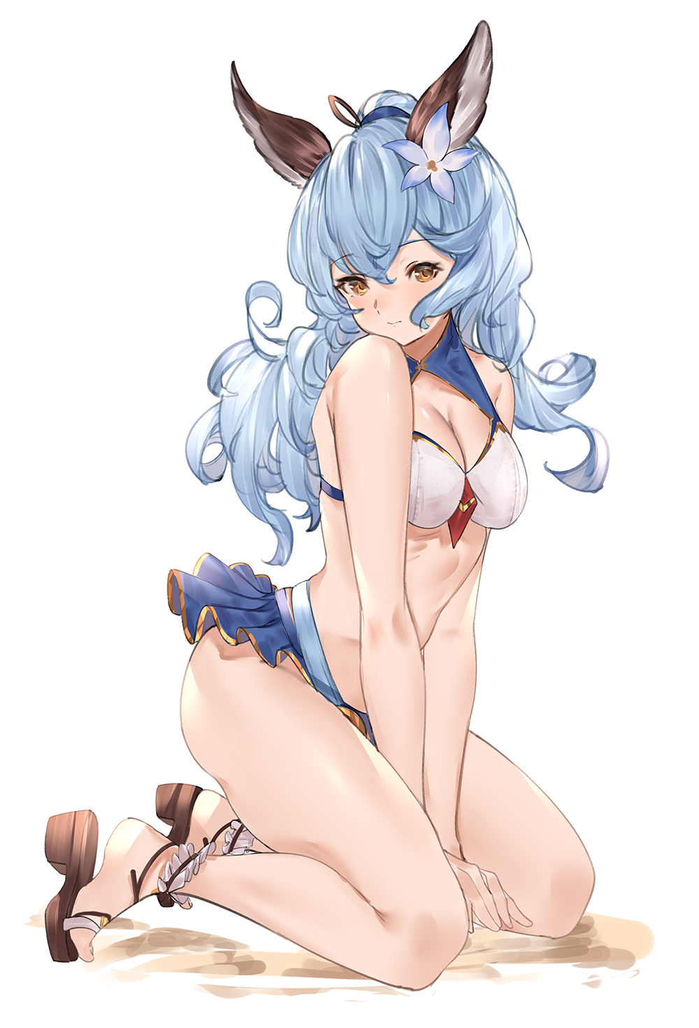 1girl, animal_ears, arms_between_legs, bare_arms, bare_shoulders, belt, between_legs, blue_flower