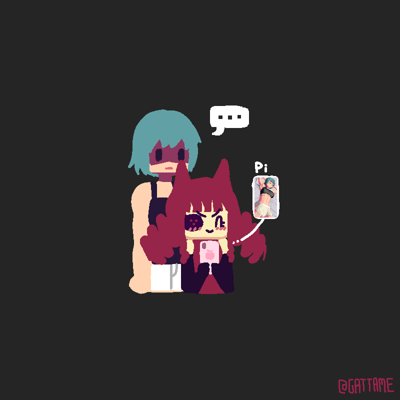 ..., 2girls, animal_ears, artificial_eye, behind_another, blush, cat_ears, cellphone