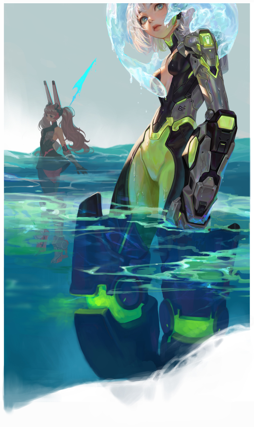 2girls, absurdres, animal_ears, bare_shoulders, black_gloves, blue_eyes, brown_eyes, brown_hair