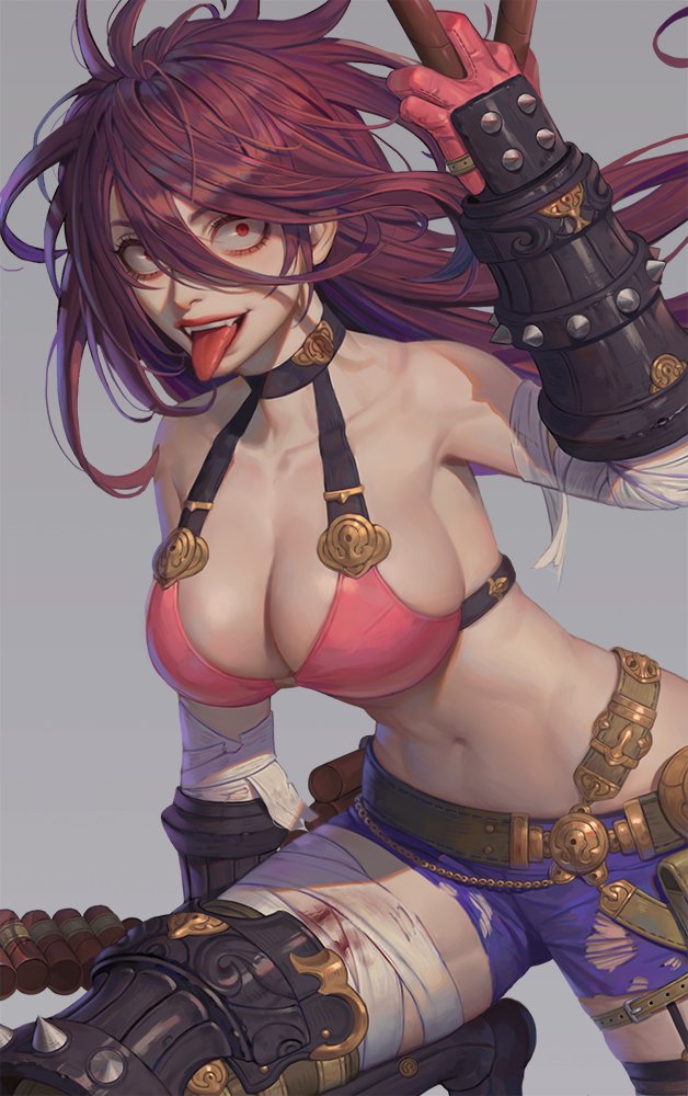 1girl, bandaged_leg, bandages, bare_shoulders, belt, black_footwear, black_legwear, blood, collarbone, crazy_eyes, dynamite, explosive, fangs, gloves, hair_between_eyes, holding, injury, long_hair, navel, open_mouth, original, pink_gloves, red_eyes, red_hair, smile, solo, spikes, teeth, thigh_strap, tongue, tongue_out, torn_clothes, torn_legwear, upper_teeth_only, vambraces, zero_q_0q