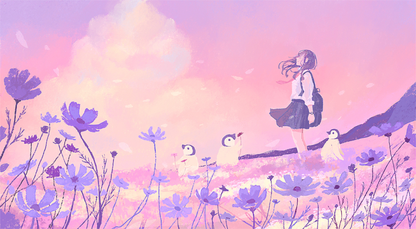 1girl, animal, baby_animal, backpack, bag, bird, closed_eyes, closed_mouth, field, flower, flower_field, hill, landscape, long_hair, medium_hair, nature, original, outdoors, penguin, penguin_chick, pink_sky, scenery, skirt, sky, smile, solo_focus, standing, sunset, tabisumika, watch, wide_shot