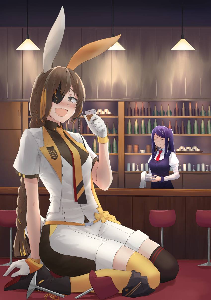 2girls, absurdres, alcohol, alternate_costume, anger_vein, animal_ears, artist_request, bar_(place), broken, commission, crossover, cup, drinking, drinking_glass, eyepatch, formal_clothes, giant, giantess, girls'_frontline, griffin_&amp;_kryuger_logo, grifon_&amp;_kryuger, highres, jill_stingray, m16a1_(girls'_frontline), m16a1_(the_one-eyed_rabbit_knight)_(girls'_frontline), multiple_girls, necktie, nier_(series), official_alternate_costume, rabbit_ears, size_difference, stool, suit, va-11_hall-a, whiskey