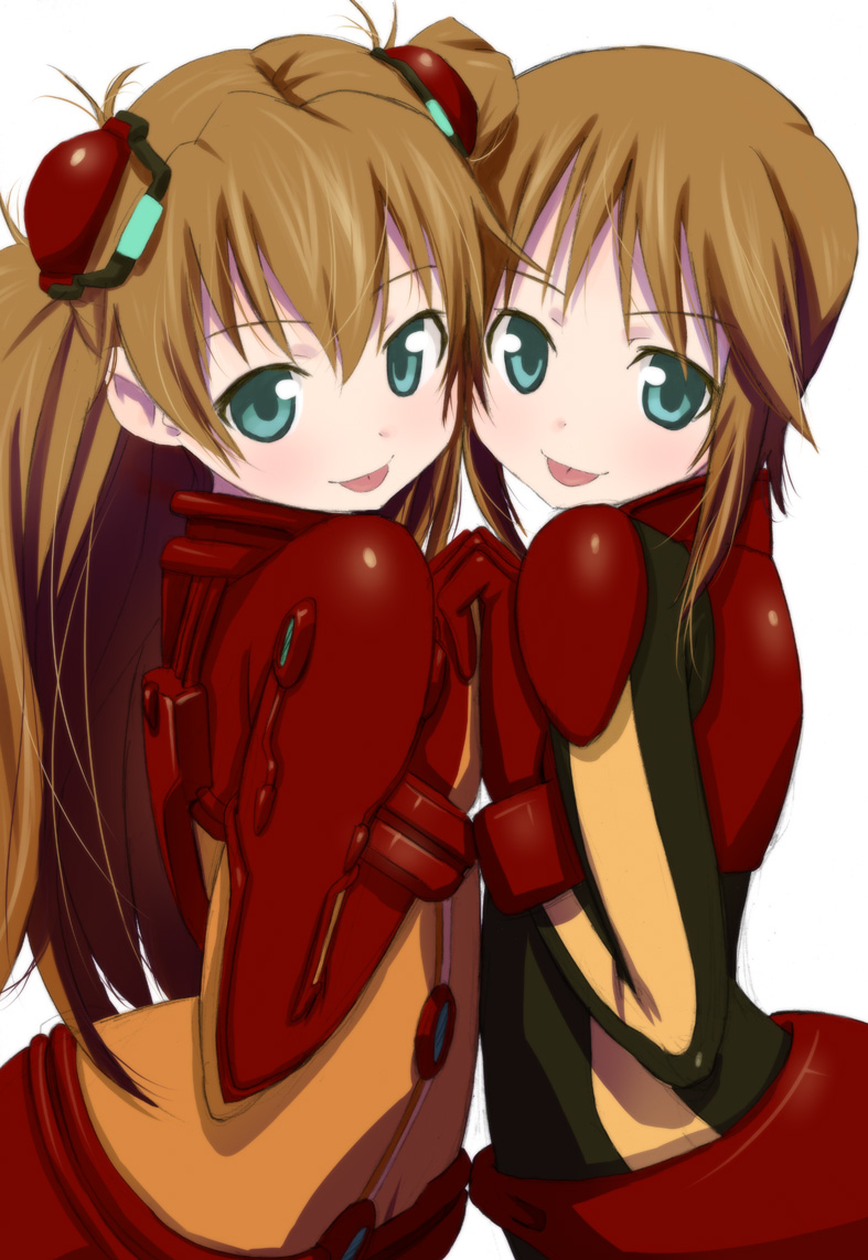 00s, 2girls, :p, aqua_eyes, arched_back, bodysuit, brown_hair, evangelion:_2.0_you_can_(not)_advance, futari_no_ana, gundam, gundam_zz, holding_hands, mecha_pilot_suit, multiple_girls, neon_genesis_evangelion, normal_suit_(gundam), plugsuit_(evangelion), puru_two, rebuild_of_evangelion, souryuu_asuka_langley, test_plugsuit_(evangelion), tongue, tongue_out, twintails, wadapen