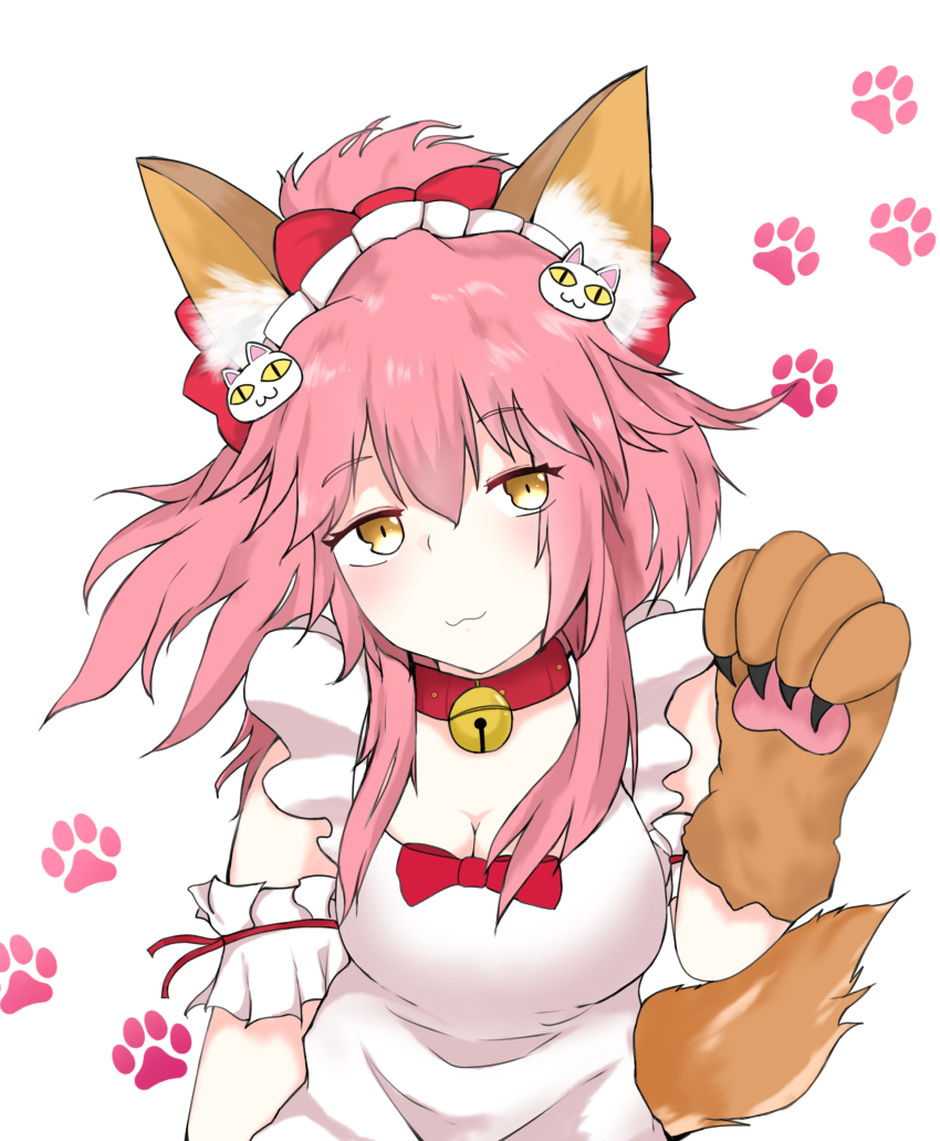 1girl, :3, absurdres, animal_ear_fluff, animal_ears, animal_hands, apron, bell, blush, breasts, cat_hair_ornament, cat_paws, cleavage, collar, commentary, commentary_request, fate/extra, fate/grand_order, fate_(series), fox_ears, fox_girl, fox_tail, gloves, hair_ornament, hair_ribbon, highres, jingle_bell, large_breasts, looking_at_viewer, naked_apron, neck_bell, paw_gloves, pink_hair, r_aruku, red_ribbon, ribbon, solo, tail, tamamo_cat_(fate), tamamo_cat_(third_ascension)_(fate), white_apron, yellow_eyes