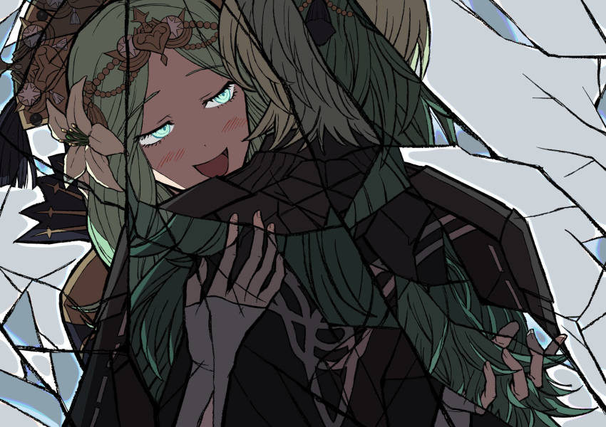 1boy, 2girls, armor, blush, male_byleth_(awakened)_(fire_emblem), male_byleth_(fire_emblem), crown, fire_emblem, fire_emblem:_three_houses, flower, from_behind, green_eyes, green_hair, hair_flower, hair_ornament, highres, hug, kusodekablack, long_hair, multiple_girls, nintendo, open_mouth, rhea_(fire_emblem), short_hair, sothis_(fire_emblem), tiara