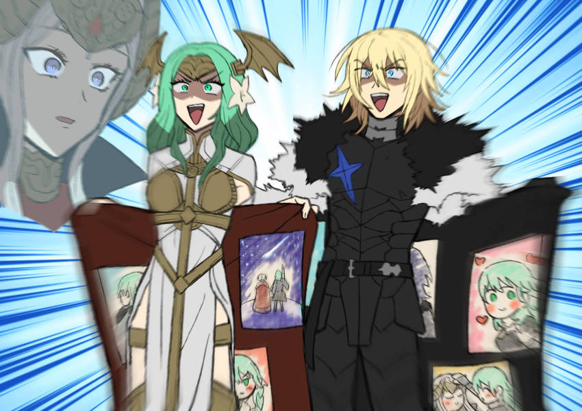 1boy, 3girls, armor, belt, blonde_hair, blue_eyes, female_byleth_(awakened)_(fire_emblem), female_byleth_(fire_emblem), cape, dimitri_alexandre_blaiddyd, dimitri_alexandre_blaiddyd_(timeskip), dress, edelgard_von_hresvelg, fake_horns, fire_emblem, fire_emblem:_three_houses, flower, green_eyes, green_hair, hair_flower, hair_ornament, headpiece, highres, horns, kusodekablack, long_hair, matching_hair/eyes, multiple_girls, nintendo, open_mouth, purple_eyes, rhea_(fire_emblem), seiros_(fire_emblem), short_hair, white_dress, white_hair