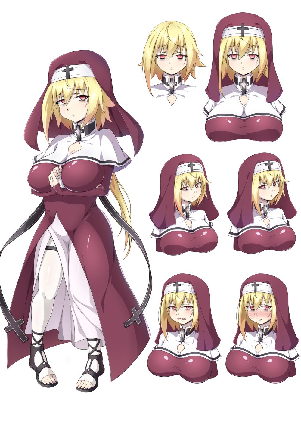 1girl, black_footwear, blonde_hair, blush, cape, commentary_request, cross, gg980987, habit, highres, multiple_views, nose_blush, nun, nun_headdress, original, pale_skin, pigeon-toed, red_eyes, reference_sheet, sandals, short_hair_with_long_locks, thighhighs, toeless_legwear, white_background, white_thighhighs