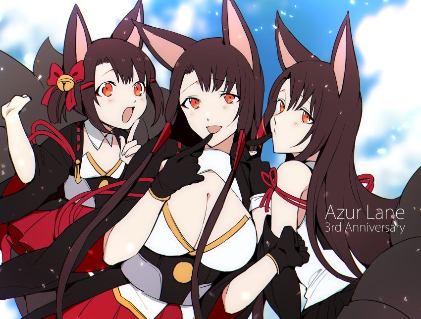 3girls, aged_down, akagi-chan_(azur_lane), akagi_(azur_lane), akagi_(muse)_(azur_lane), animal_ears, anniversary, azur_lane