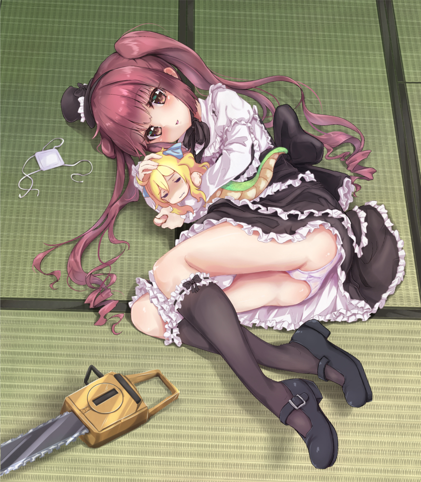 2girls, absurdres, ass, black_socks, blonde_hair, brown_eyes, chainsaw, closed_eyes
