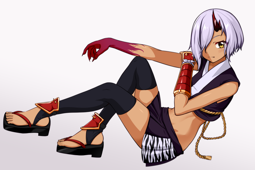 1girl, armor, bare_arms, bare_shoulders, black_kimono, black_sandals, black_skirt, black_thighhighs