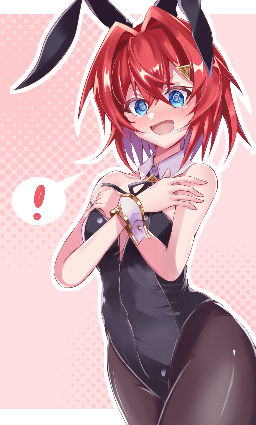 !, 1girl, @_@, absurdres, ange_katrina, animal_ears, blush, breasts, bunny_day, covering_breasts, covering_privates, embarrassed, fake_animal_ears, highres, looking_at_viewer, looking_down, nijisanji, pantyhose, papa-kun_(destiny549-2), playboy_bunny, rabbit_ears, rabbit_girl, red_hair, short_hair, small_breasts, solo, spoken_exclamation_mark, tearing_up, v-shaped_eyebrows, virtual_youtuber