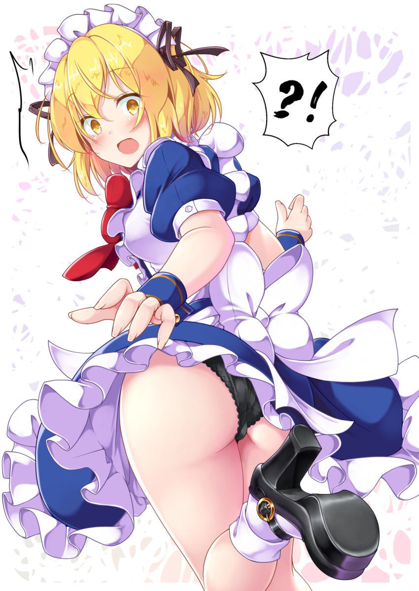 !?, 1girl, aka_tawashi, ass, black_panties, black_shoes, blonde_hair, commentary_request